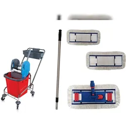CleanSV Wischset chrom Laschenmop 40 cm, Ablage, Reinigungswagen 1 x 18 Liter Eimer, Presse, Deichsel, Putzwagen, Bodenwischer