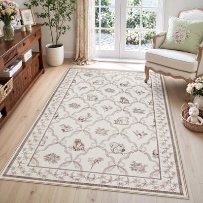 Bluebell Soft Washable Boho Floral Area Rug, Non-Slip Low Pile Carpet for indoor