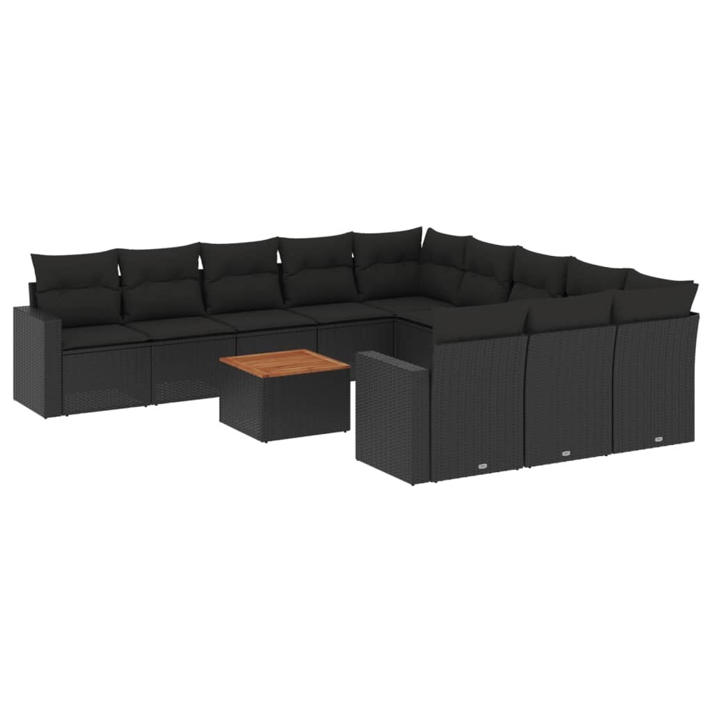 12-tlg. Garten-Lounge-Set, modulares Outdoor-Sofa mit Kissen, UV-beständiges Poly Rattan, Akazienholz-Tisch, Schwarz