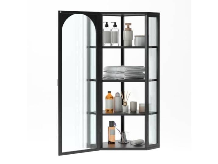 Schwarzer Eck-Wandschrank 105cm Drei-Eckig Stahl-Glas Wand Ablage fuer Bad Vier Ebenen Stauraum mit Vier-Eck-Design für Küche und Bad