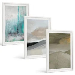BILDER SET 3er Set - 40x60 cm Weißer Rahmen - Gemalte abstrakte Dekorationen