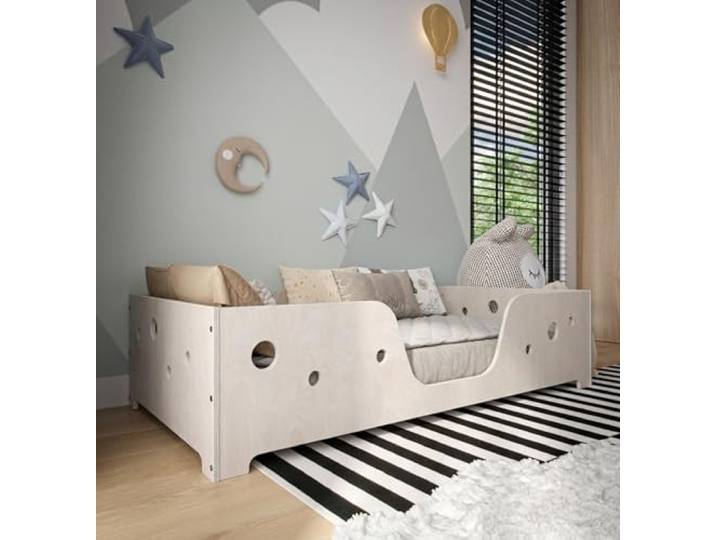 OSONO DIBBA GEO S Kinderbett 120x200 cm aus Naturholz Modernes Montessori Bodenbett aus Buchenholz mit sicherem Rausfallschutz & Lattenrost