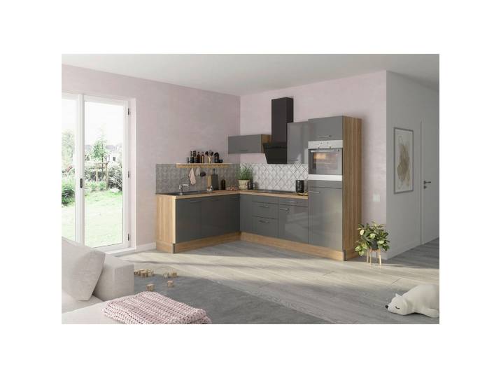 Optifit Eckküche, Anthrazit, Eiche, 3 Schublade(n) Schubladen, L-Form, nur wie online abgebildet bestellbar, 270x200 cm, Made in Germany, DIN EN ISO 14001, DIN EN ISO 50001, DIN EN ISO 9001, Zusatzausstattung erhältlich, höhenverstellbare Füße, Küchen, Eckküchen, Eckküchen ohne Geräte