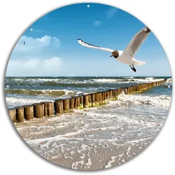 Wallario Gartenposter ca. 60 x 90 cm Fliegende Möwe am Strand
