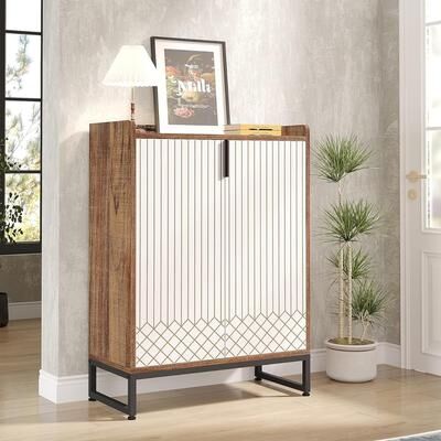 Jiallo "29"" Brown & White Shoe Cabinet with Doors, 5 Tiers"