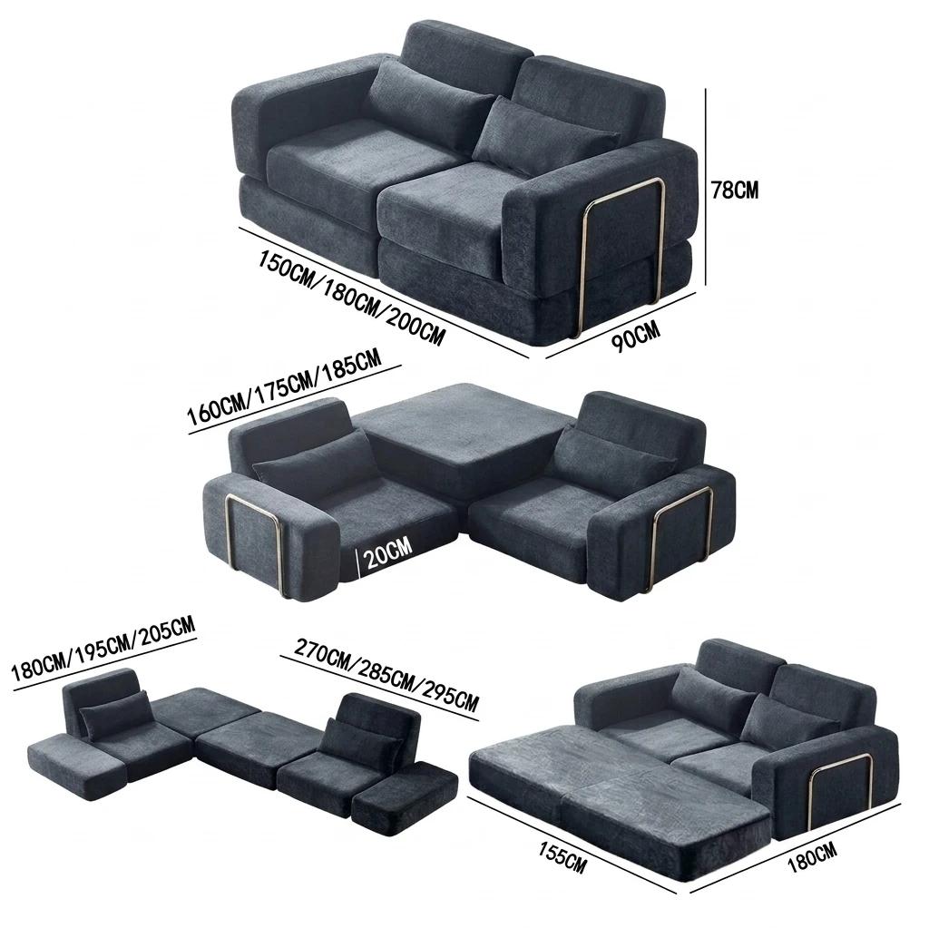 1,8 m 4-in-1 Schlafsofa - U-förmiges 2-Sitzer-Sofa - Klappbar - Kissenrücken - 75 cm Sitztiefe - Dunkelblau