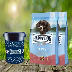 Happy Dog Sensible Puppy Huhn, Lachs & Kartoffel 2 x 10 kg + Happy Dog Futtertonne 43 Liter *geschen