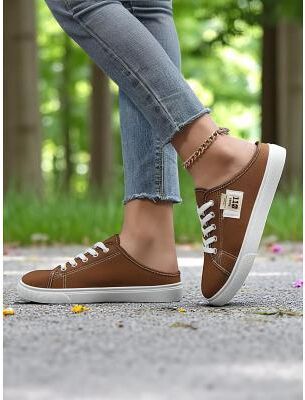 LightInthebox Women's Green Canvas Slip-On Sneakers with Lace-Up Design – Comfortable Backless Trainers, Ideal for Walking, Shopping, School Runs Casual Summer Days