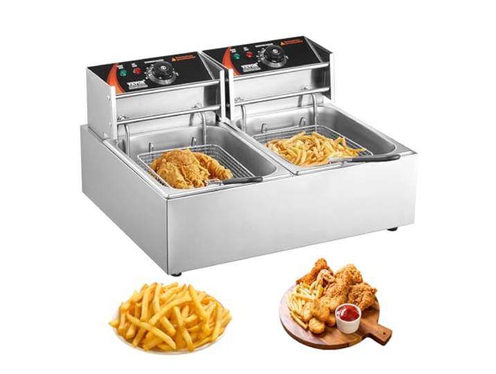 VEVOR Kommerzielle elektrische Fritteuse, 2 x 6 L große elektrische Fritteuse für die Arbeitsplatte mit herausnehmbarem Doppelkorb, 5000 W Doppelfritteuse aus Edelstahl für Küche, Restaurant