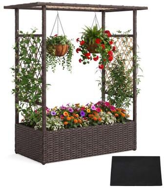 Costway 2-in-1 Raised Garden Bed with Hanging Roof and Trellises-Brown