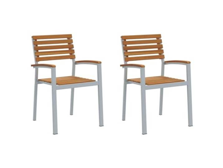 KUTYWEXFM Gartenstuhl 2er Set Stapelbar Akazie Stahl Braun 56x57x87cm Bequeme Sitzgruppe für Balkon und Innenhof mit angenehmen Holzarmlehnen sowie solider Tragkraft bis zu 110 kg.