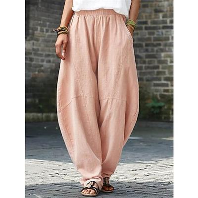 Damen Kunstbaumwollleinen Chinos Hosen Hose Lange Unterhosen Einfach Lässig Volle Länge Hohe Taille Einfach Tasche Elastischer Bund Baggy Komfort Atmungsaktivität Weich Mikroelastisch Täglich Urlaub