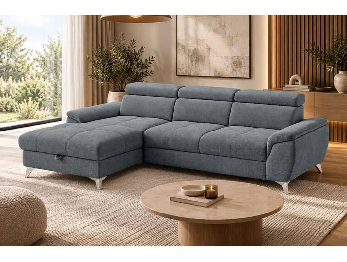 Designer Ecksofa Luno in Strukturstoff mit Schlaffunktion & Stauraum - Grau - Strukturstoff - Links - Luxusbetten24