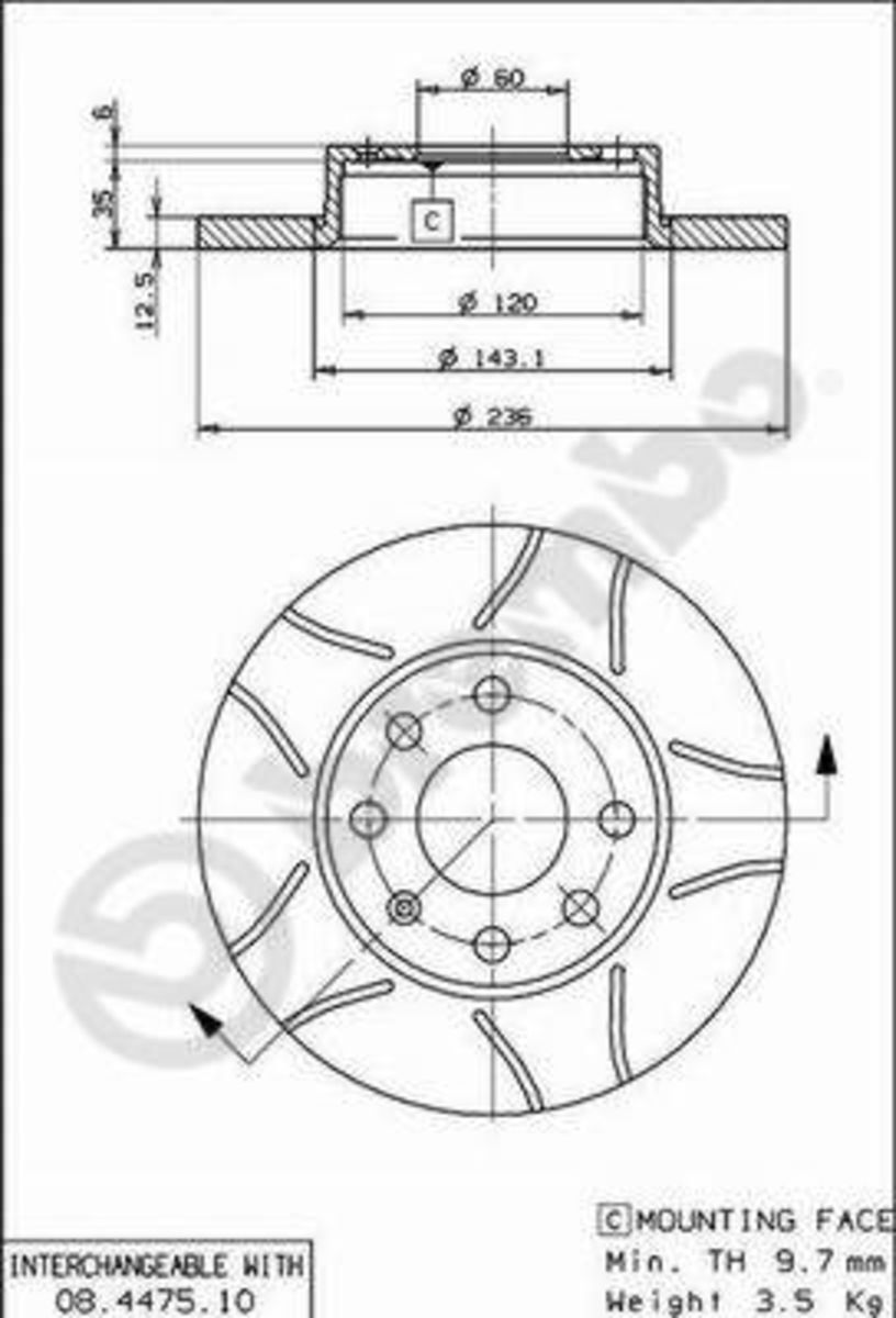 Bremsscheibe BREMBO 08.4475.75, vorne, geschlitzt, voll, 1 Stück