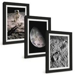 BILDER SET 3er Set - 20x30 cm Schwarzer Rahmen - Astronautenfoto vom Mond
