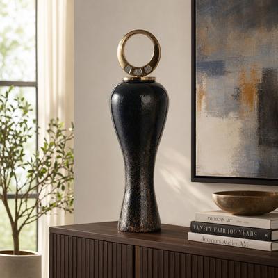 Sagebrook Home Glass Vase with Modern Sculptural Metal Brass Accent and Stone Detail