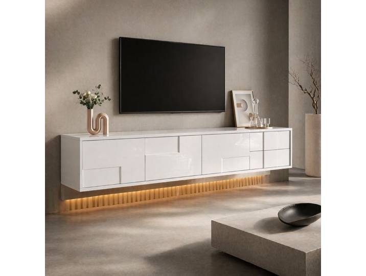 Meuble TV – TV-Lowboard blanc brillant – 170 cm – sans poignées – 3 portes et 2 tiroirs