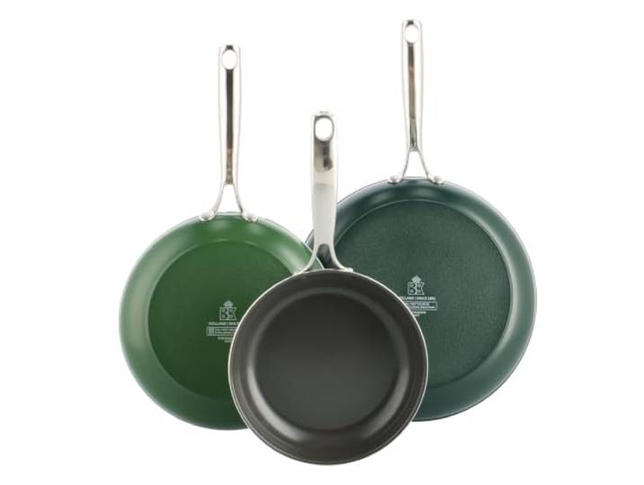BK Sky Keramik-Antihaft-Pfannenset, 3-teilig, Ø 20/24/28 cm, PFAS-frei, Induktionsgeeignet, Backofenfest bis 220 °C, Spülmaschinenfest, Schnelle Erhitzung, Edelstahlgriffe, Verde