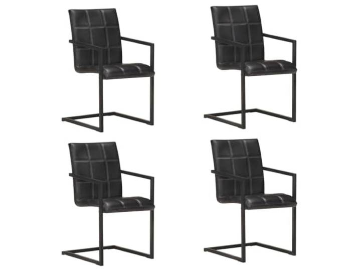 HMDNGOUT Freischwinger 4 STK. Schwarz Echtleder Retro-Design,Blockmuster,dick gepolstert,pulverbeschichteter Eisenrahmen,maximal 110 kg pro Sitz