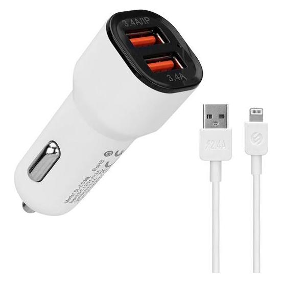 S-Link Autós töltő - SL-EC30L (2db USB, 5V/2.4A/3,4A, 17W, Lightning, 100cm adat+töltőkábel, fehér) (TBKSLI35680)