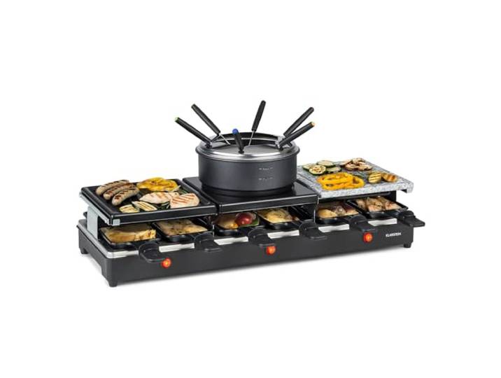 Klarstein Fonduelette XL - 3-in-1 Raclette-Grill & Fondue, 1650 Watt: Metall- /Naturstein-/Crêpesplatte, 3 separate Edelstahl-Heizelemente, bis 12 Personen, Antihaftbeschichtung, schwarz