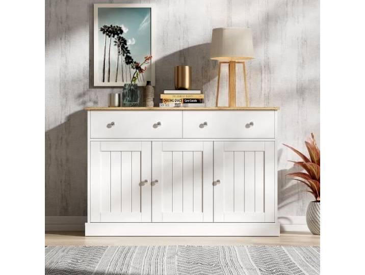 Buffet - Texture gravée - Blanc et bois - 3 portes 2 tiroirs - Push-to-Open