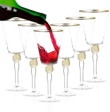 Berkware Luxurious and Elegant Sparkling Studded Long Stem Red Wine Goblet with Gold Rim