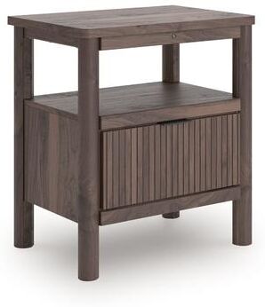 Benjara Pemy Nightstand, 1 Reeded Drawer, Open Shelf, USB Ports, Brown