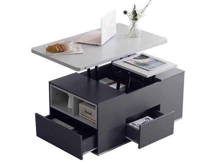 Table basse multifonctionnelle relevable Logidon gris foncé avec deux tables