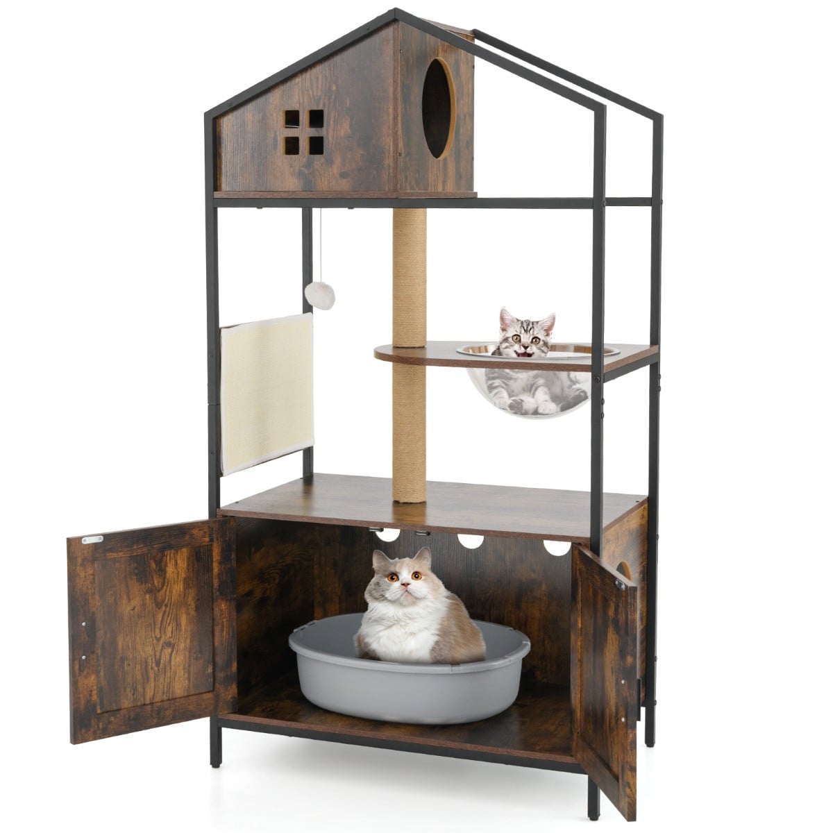 Costway Krabpaal met Kattenbakkast en Kattenhuis in Bruin