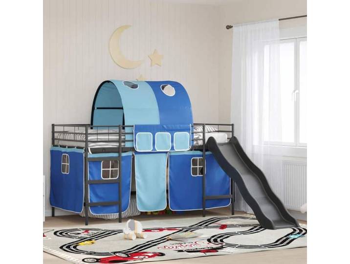 Moderne Cadre de lit superposé pour enfants - avec rideaux - Noir et Bleu - Lit couchage @FR 7843