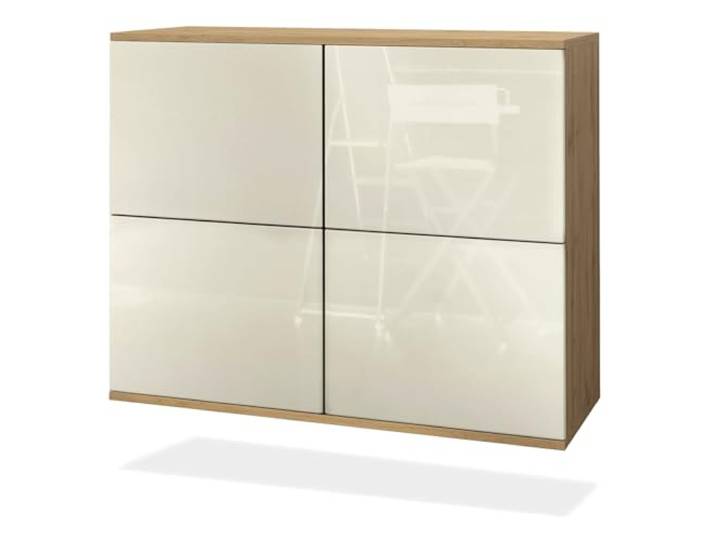 Vladon Kommode Rova V3, Moderner Küchenschrank mit 4 Push-to-Open Türen Eiche Evoke/Creme Hochglanz (92,5 x 73.5 x 35)