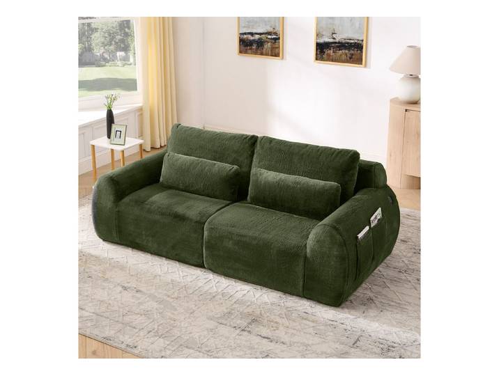 HAUSS SPOLE Loungesofa mit USB-Ladeanschluss,Relaxsofa Schlafsofa mit Magazintasche,Grün, 2‑Sitzer Sofa aus weichen Kaninchenfellstoff, ideal für kleine Wohnzimmer, Wohnungen, Mietwohnungen