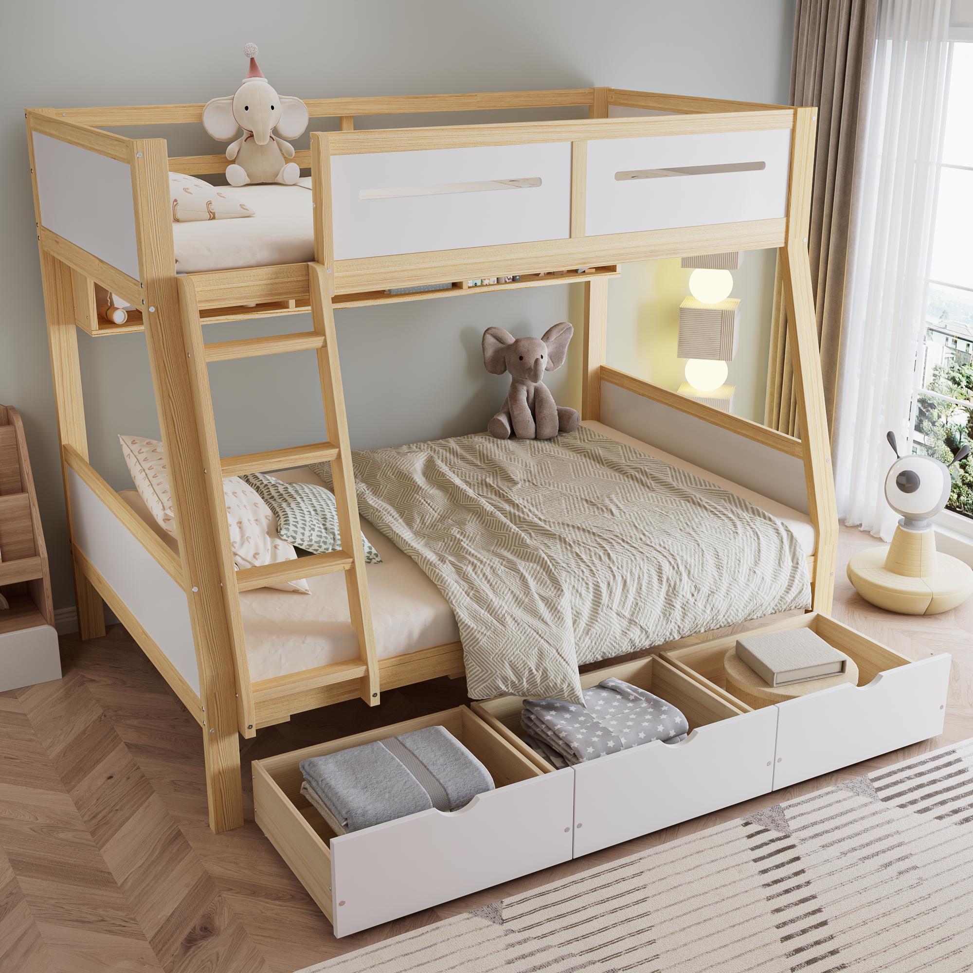 MODFU Etagenbett 90x200cm&120x200cm mit vierseitige Umzäunung,Kinderbett mit Drei Schubladen aus Rollen,Jugendbett Holzbett mit Trittleiter,Weiß+Natur Bettgestell mit Bilderbuchstände