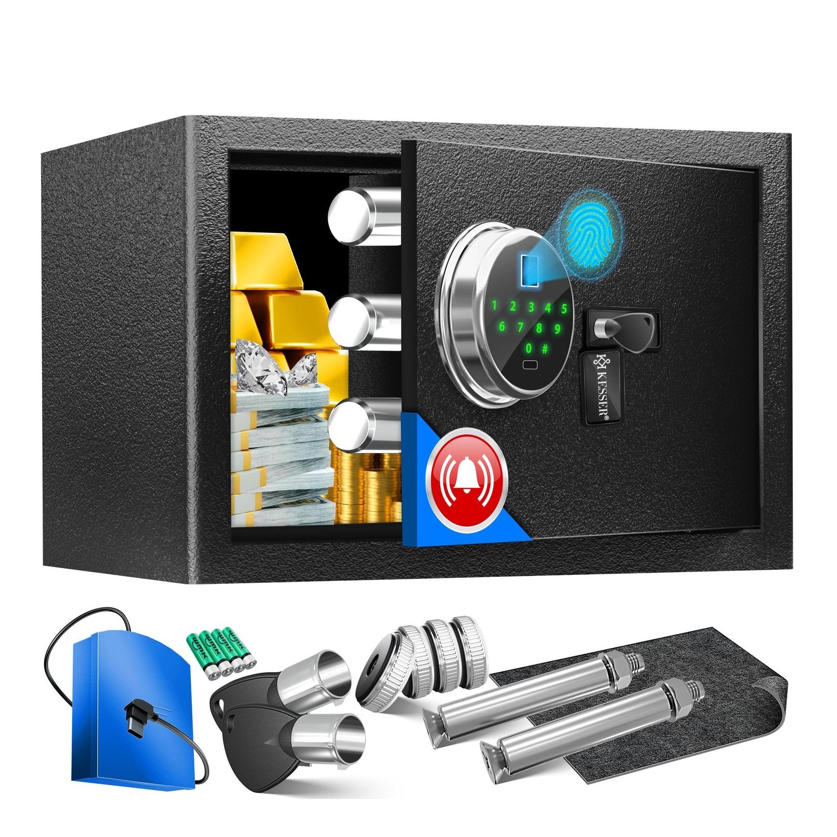 KESSER® Elektr. Tresor mit Fingerabdruck & Schlüssel Inkl. Notfallakku Elektronischer Safe 3x Doppelbolzenverriegelung Boden Wandtresor Möbeltresor Panzerschrank Zahlenschloss