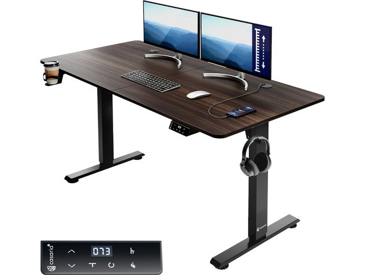 Casaria Bureau réglable en hauteur électrique Beige 140cm bureau assis debout écran LCD support accessoires télétravail