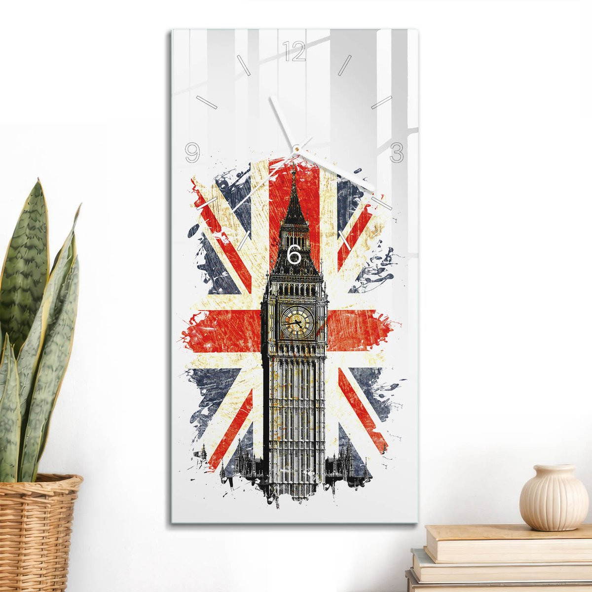 ArtPrintCave Rood Glazen Wandklok - Brits Icoon - Rechthoekig - 30 x 60 cm