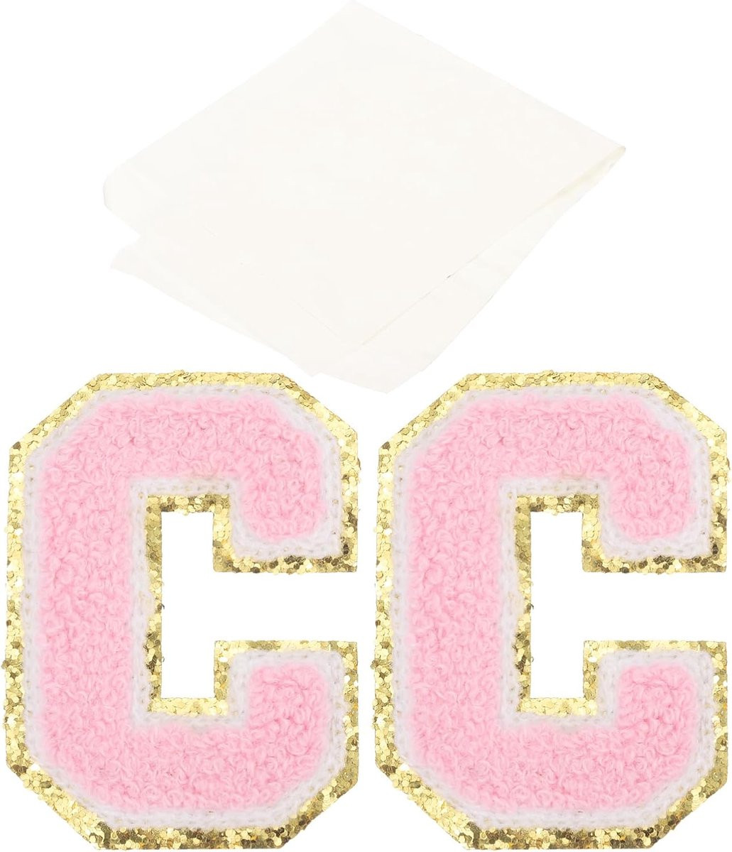 Opstrijkbare Letter Patches Chenille Alfabet met Glitters Rand - Roze - 8 x 5,9 cm