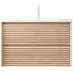 MODFU Wandmontierter Badezimmer-Waschtisch aus Sperrholz in Natur/Weiß, 81 cm, mit Keramikbecken und 2 Schubladen