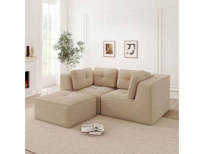 Canapé modulable 2 places d angle L compressé avec pouf mobile en tissu côtelé beige