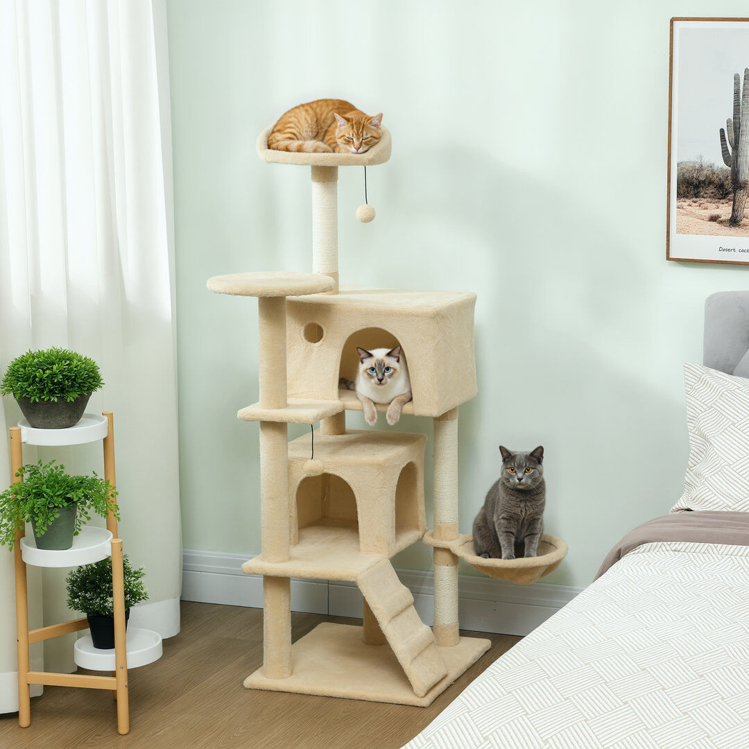 PawHut Cat Tree Tower with Sisal Scratching Posts Condos Beige 140cm H x 48cm W x 48cm D