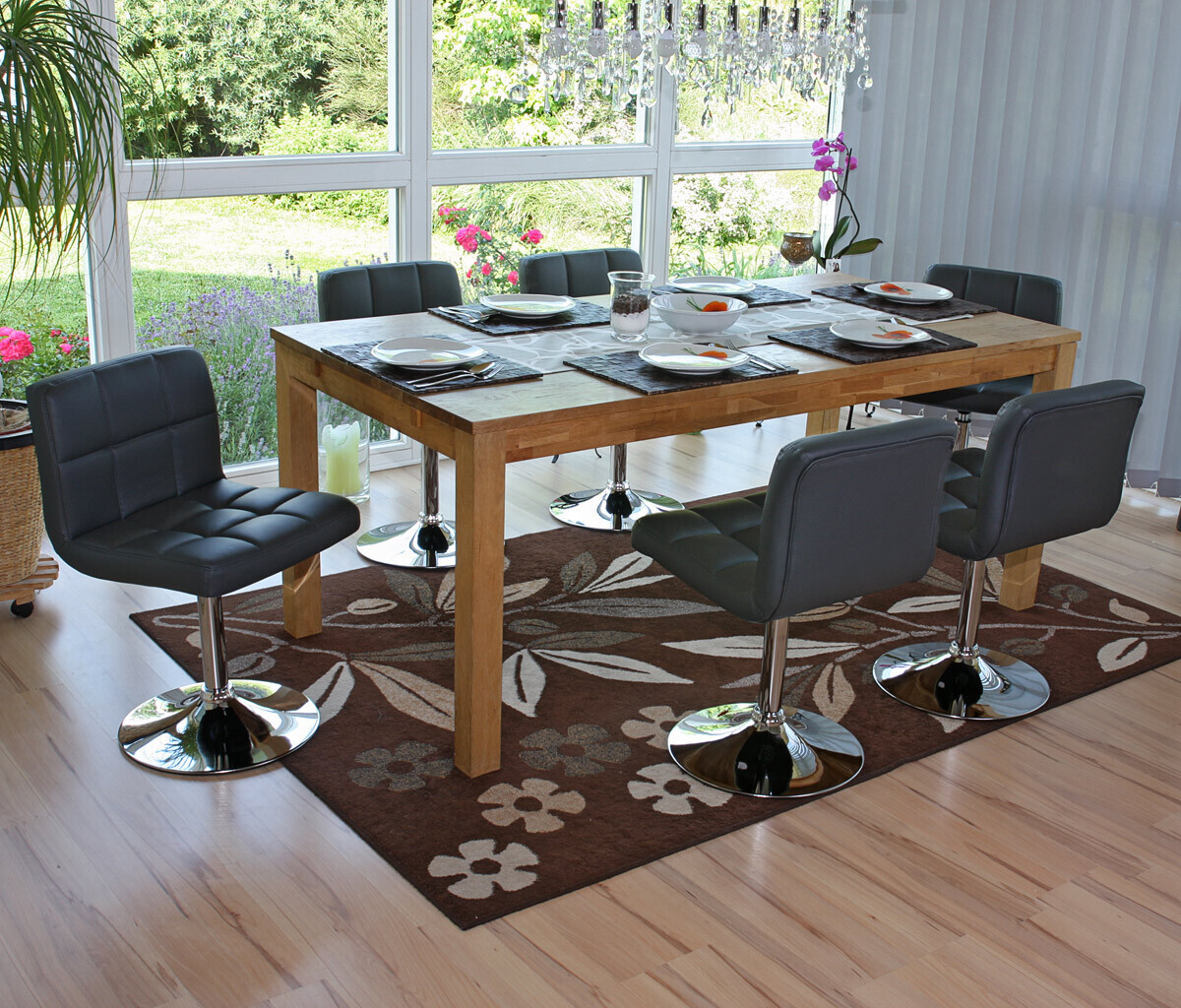 Set van 6 Mendler Kavala eetkamerstoelen, draaistoelen, grijs kunstleer met chroom