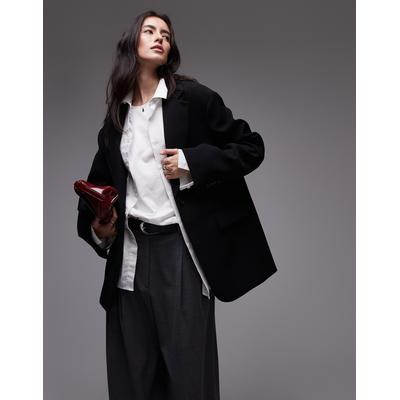 Longblazer TOPSHOP "TSLOUISE OVERSIZED BLAZER TLR NOOS", Damen, Gr. 42, schwarz, Web, Obermaterial: 100% Polyester, unifarben, oversize normal, tiefer V-Ausschnitt, gerader Abschluss, Blazer Longblazer, Polyester, oversize fit