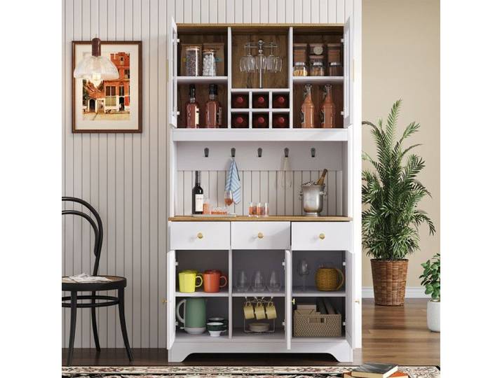 Buffet et armoire haute - OEM - Bois blanc - 5 portes - 3 tiroirs - Design contemporain
