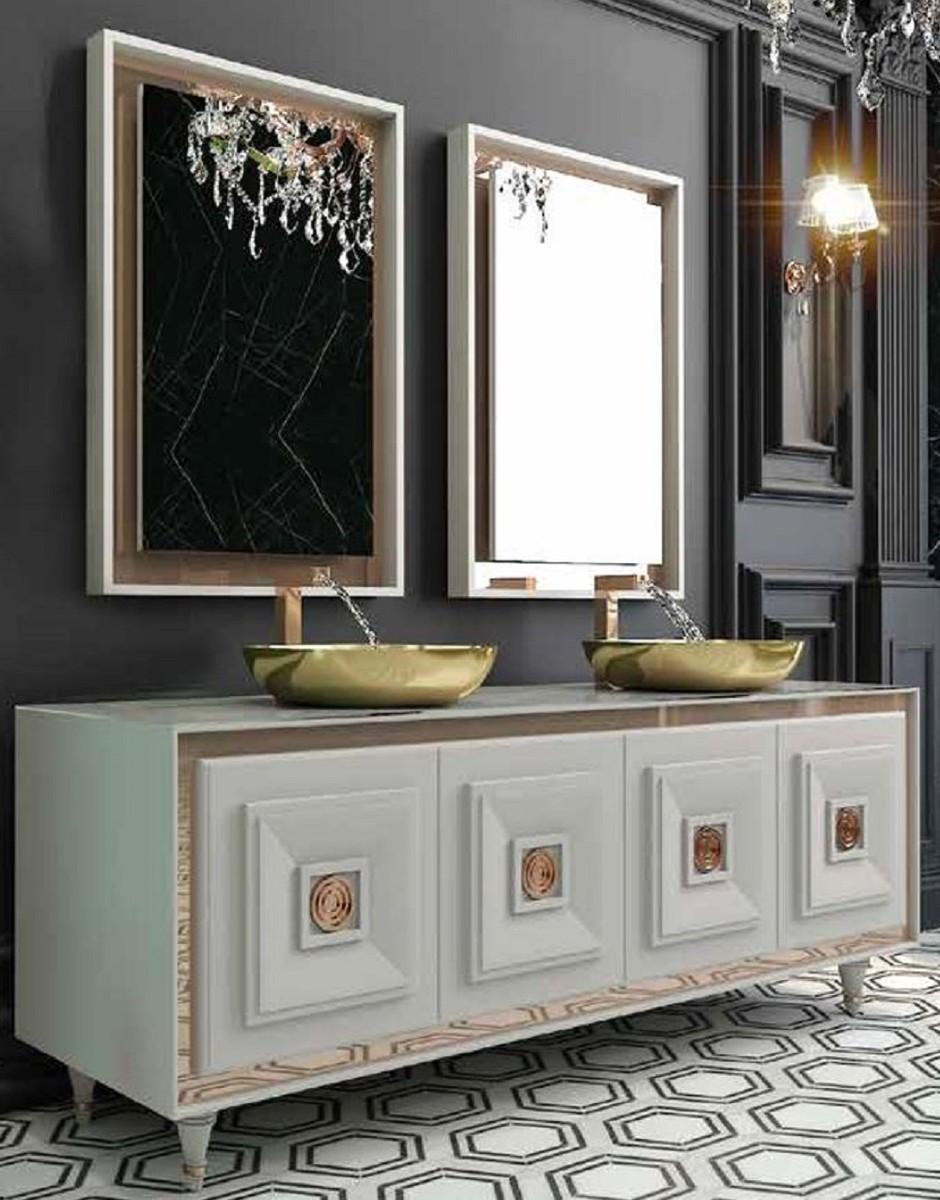 Casa Padrino Luxus Badezimmer Set Weiß / Bronze / Gold - 1 Waschtisch mit 4 Türen und 2 Waschbecken und 2 Wandspiegel - Luxus Badezimmermöbel