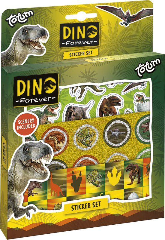 Totum Dino dinosaurus stickerset met 3 vellen en speelachtergrond voor jongens en meisjes