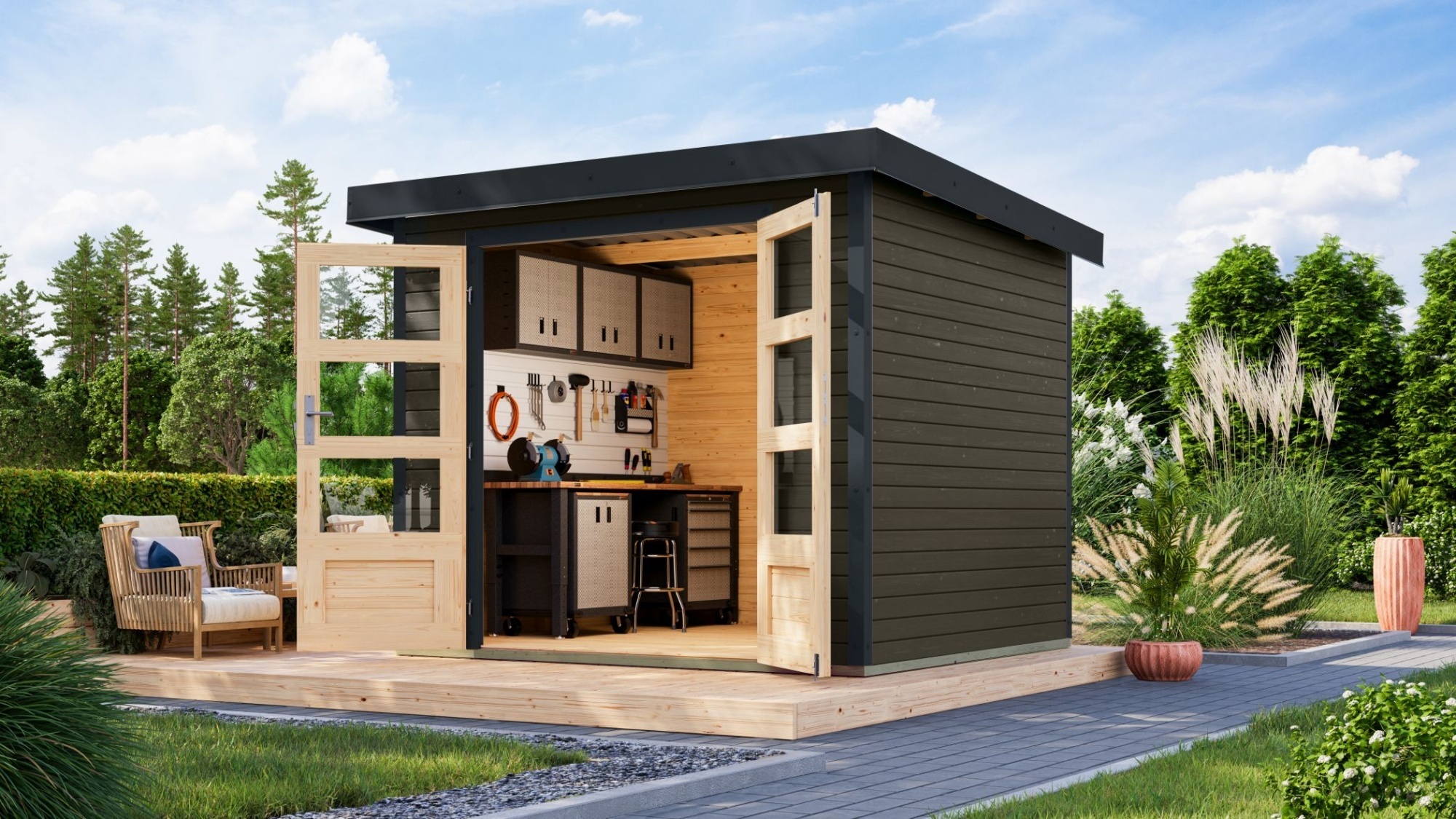 Karibu Gartenhaus Hybridhaus Metall Jupiter 3 terragrau 238,5x213,5x209 cm
