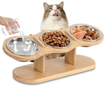 Uplift Picks Elevated Cat Feeding Station With Raised Wood Stand And 3 Stainless Steel Bowls Elevated Cat Feeding Station With Raised Wood Stand And 3 Stainless Steel Bowls