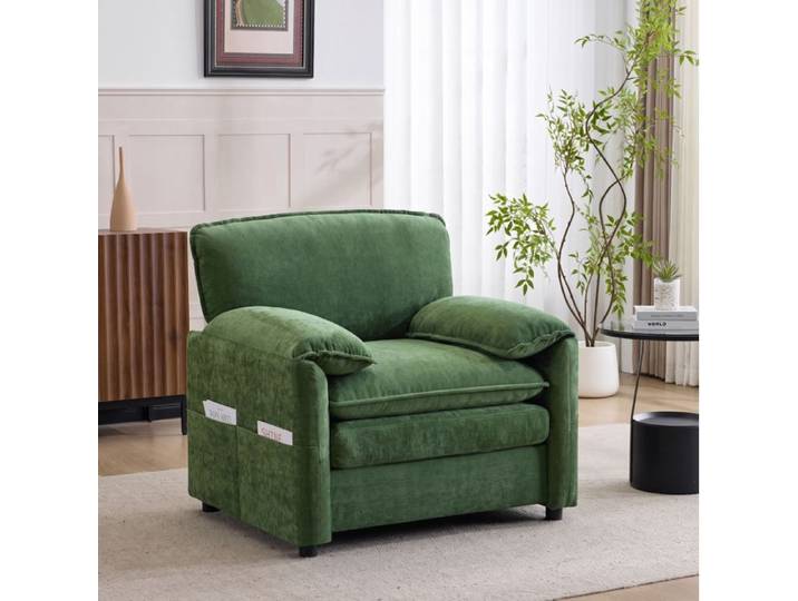 Fauteuil 1 place avec poches de rangement latérales - ELVMI - accoudoirs rembourrés chenille vert foncé