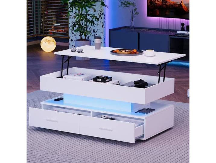 Table basse - LEYTN - Relevable - Éclairage LED - 2 tiroirs - 1 compartiment ouvert - Blanc